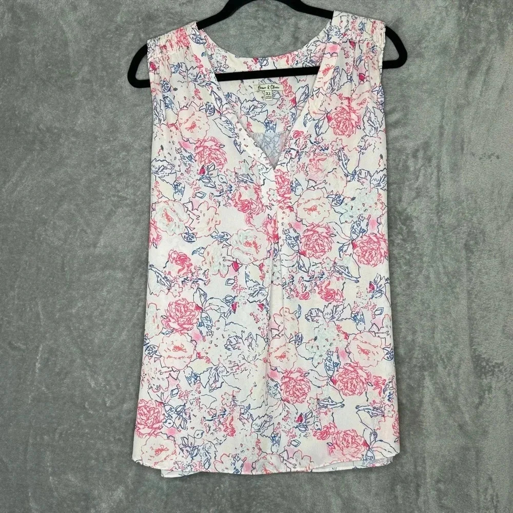 Emma & Olivia XL Tank Top Shirt Pink Floral Flower Sleeveless Henley V Neck‎
